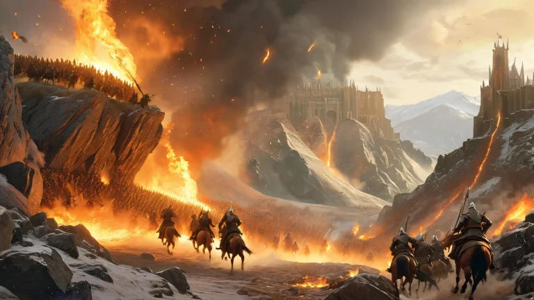 Epic battle scene of Rohan warriors riding stallions, charging towards the gates of Helm's Deep amidst a swirling storm. Desktop/PC wallpaper.