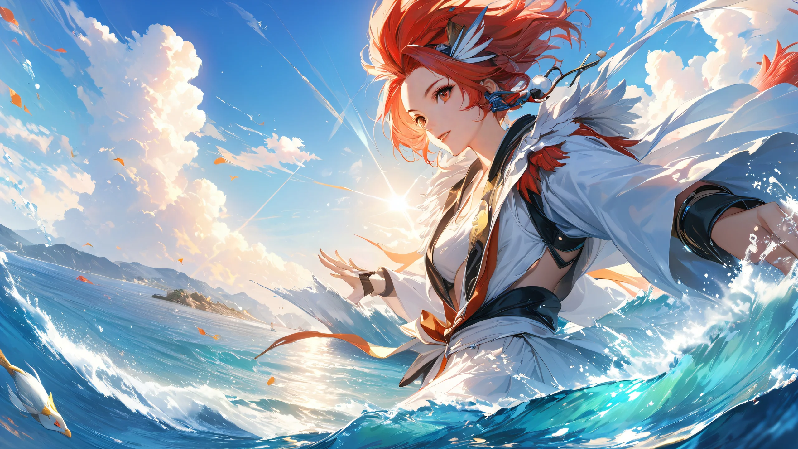 Stunning Rooster Fighter Horizon 4K Wallpaper Breathtaking 4K desktop wallpaper featuring Rooster Fighter characters against a sunny blue and white sky with water reflections.