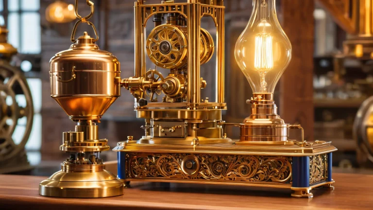 A beautiful steampunk desktop wallpaper featuring inventor Rory Brightstone surrounded by intricate clockwork mechanisms and a cluttered workshop filled with vintage contraptions. Suitable for desktop or PC.