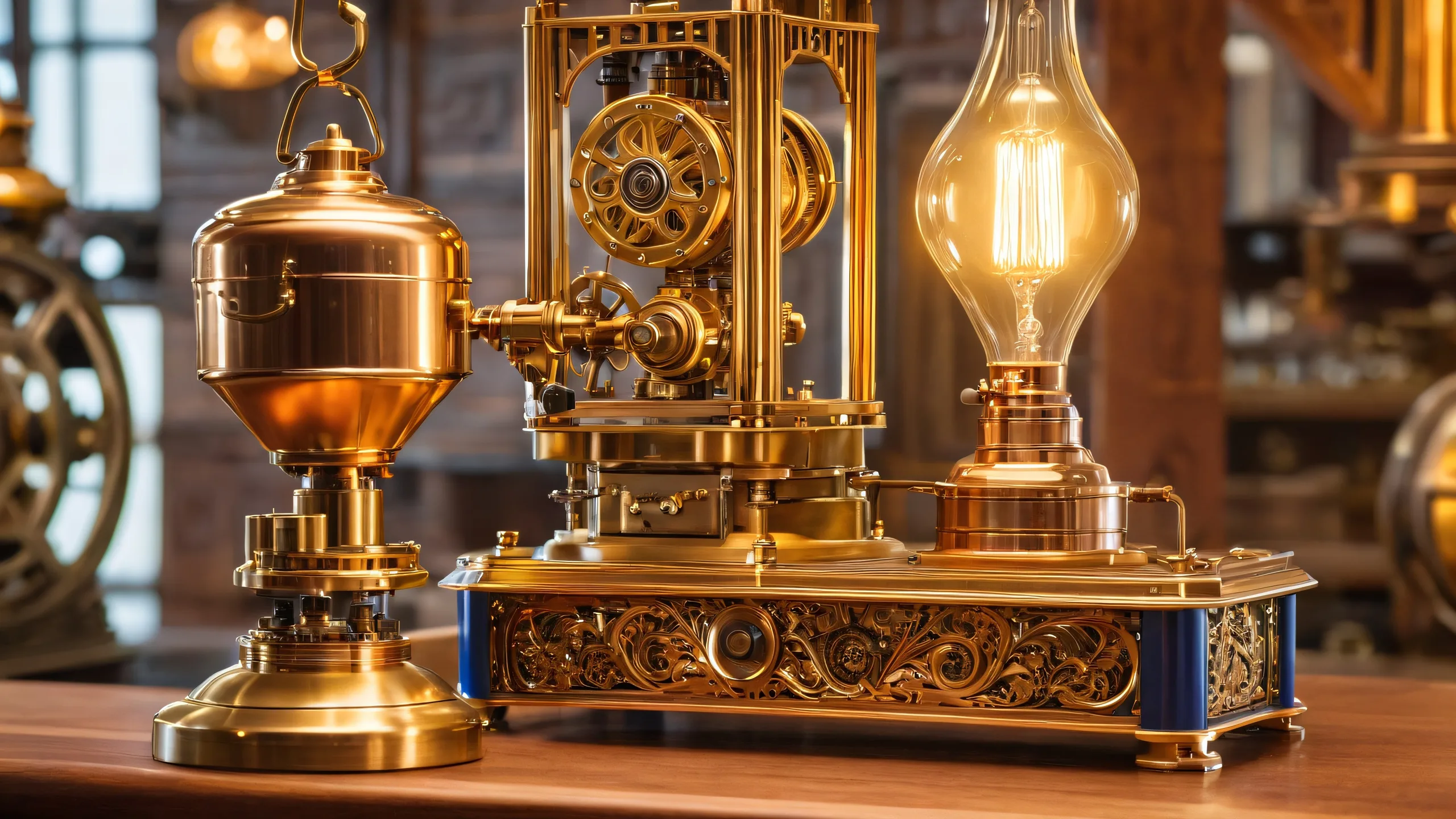 A beautiful steampunk desktop wallpaper featuring inventor Rory Brightstone surrounded by intricate clockwork mechanisms and a cluttered workshop filled with vintage contraptions. Suitable for desktop or PC.