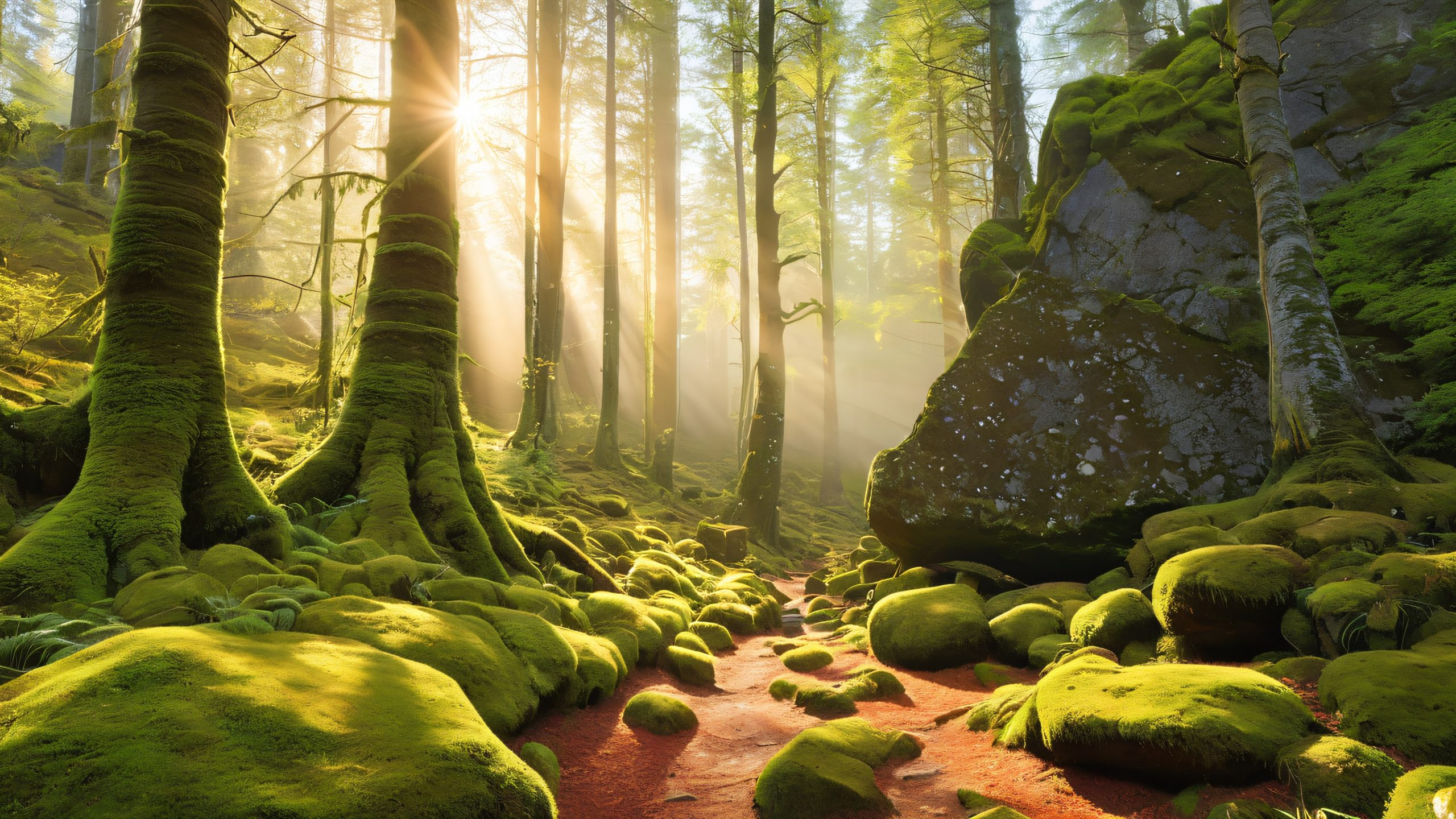 Roskva, the stone giant, stands tall amidst a lush forest, reflecting dappled sunlight and cloaked in moss and vines, for desktop/pc