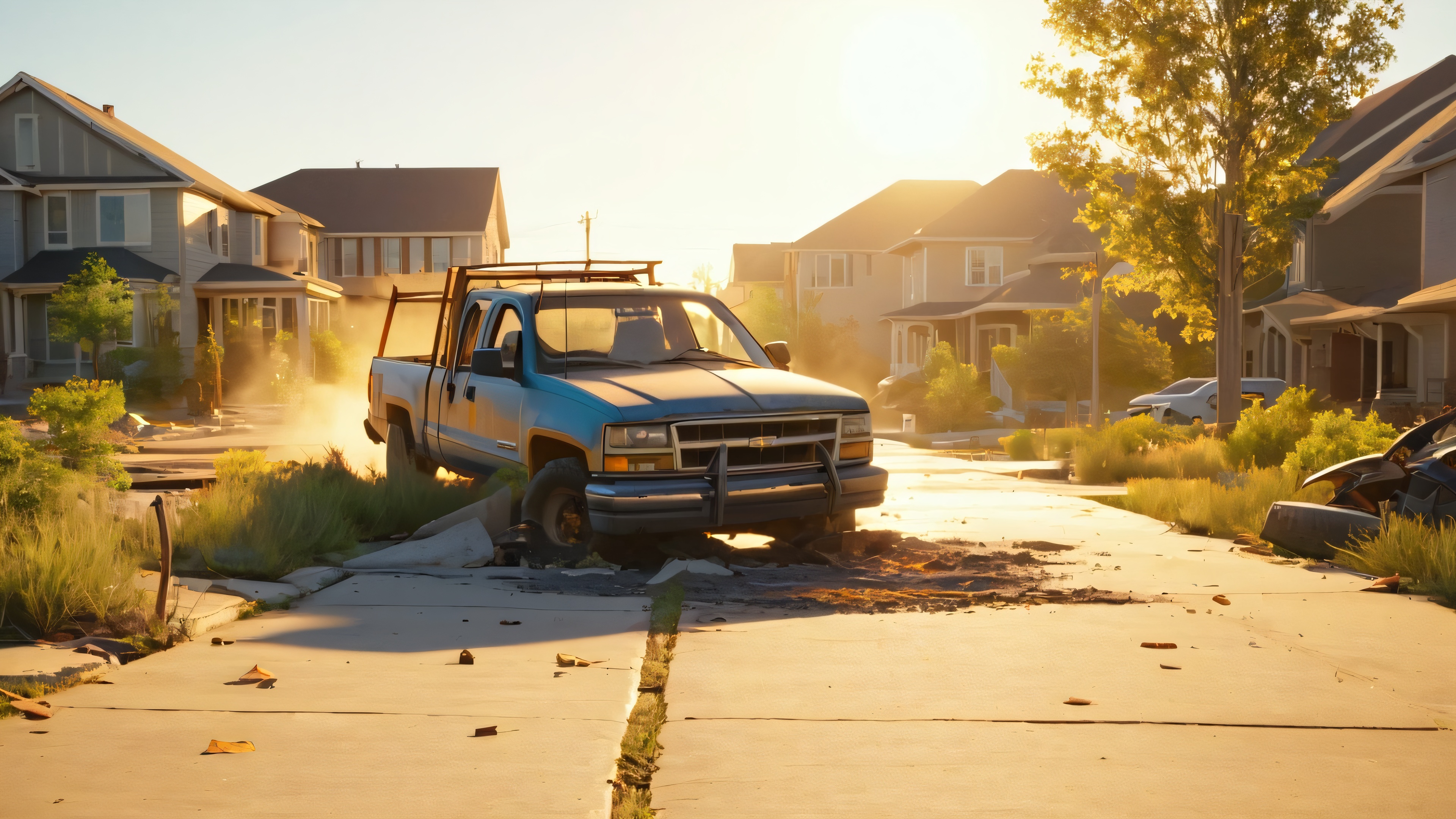 A damaged pickup truck leaves a suburban driveway, surrounded by debris and wreckage, with the sun setting in the background.