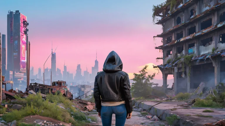 A lone figure stands atop a ruined cityscape at dusk, surrounded by crumbling concrete and neon lights for desktop/pc use.