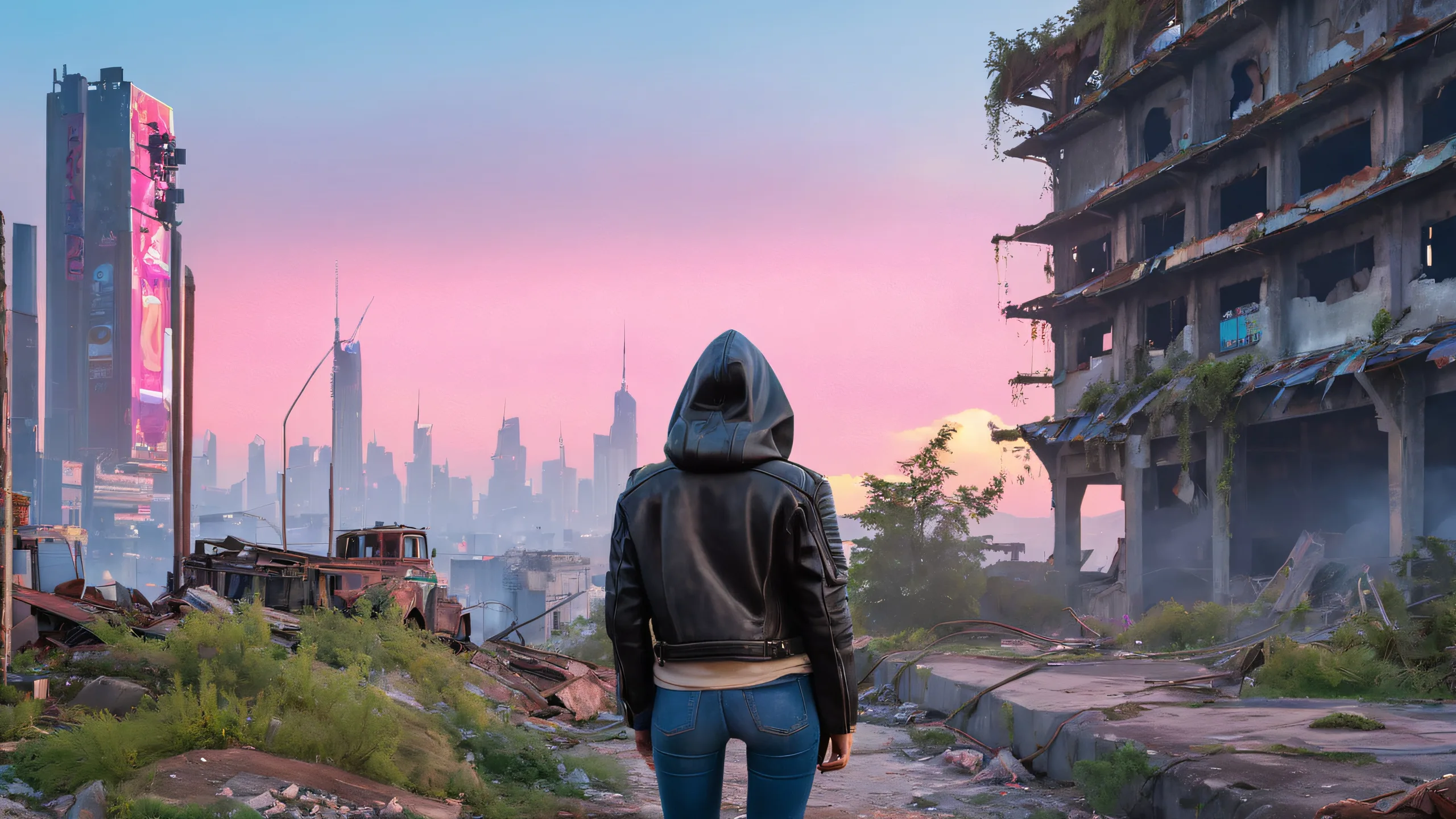 Ruin's Edge at Dusk Aesthetic PC Wallpaper A lone figure stands atop a ruined cityscape at dusk, surrounded by crumbling concrete and neon lights for desktop/pc use.