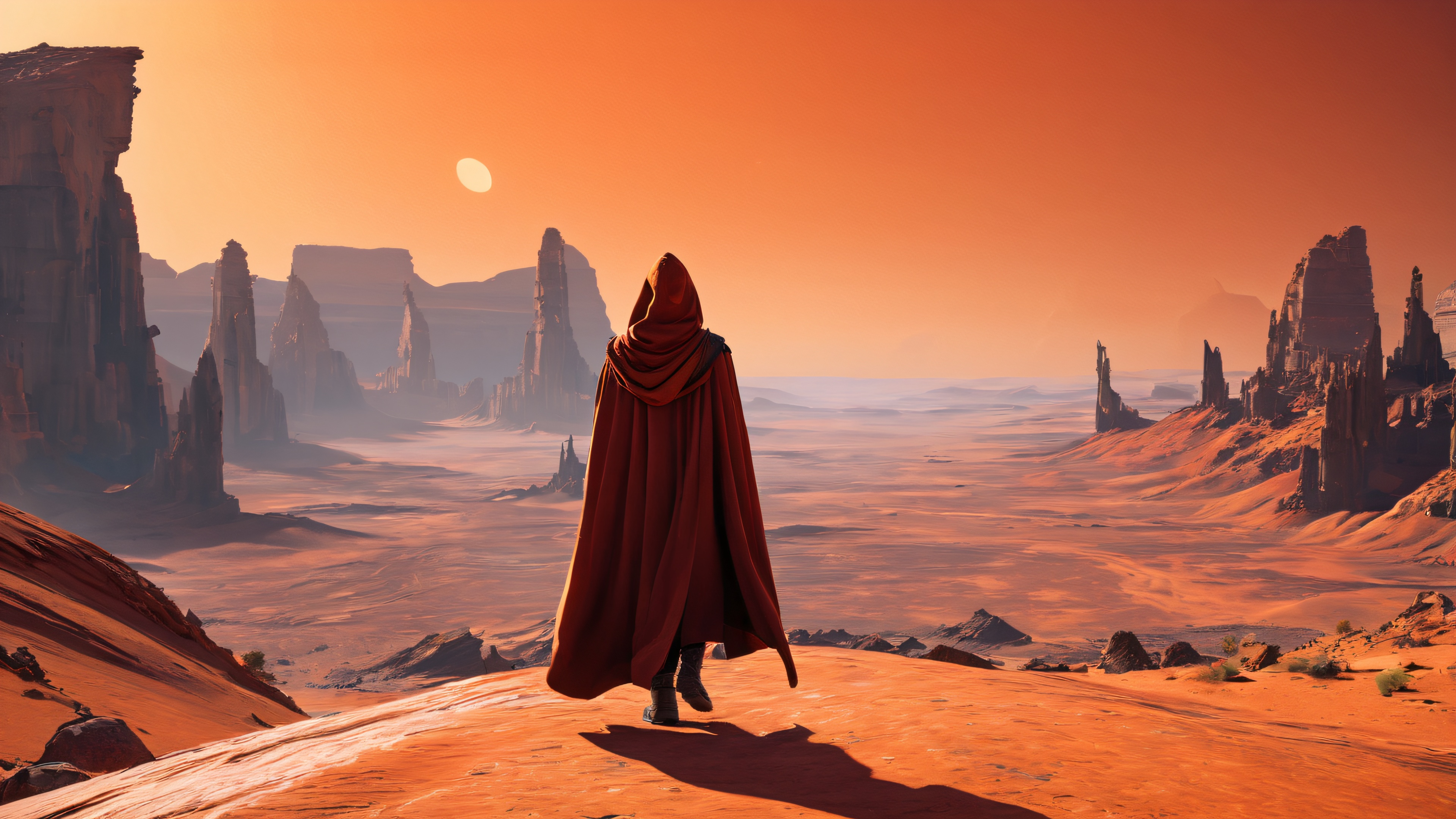 A lone figure stands at the edge of a post-apocalyptic canyon, gazing out at the scarred landscape.