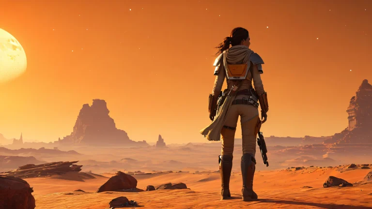 A lone female smuggler stands at the edge of a dusty planet's atmosphere, gazing out at the starry expanse on a desktop/pc.