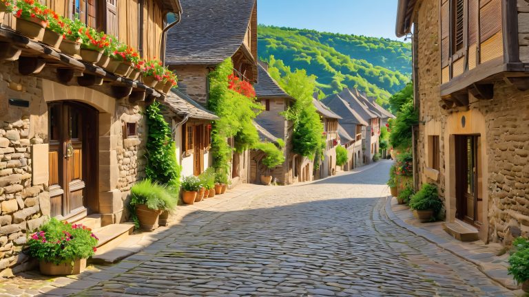 rustic cobblestone street wallpaper conques france 4k scaled