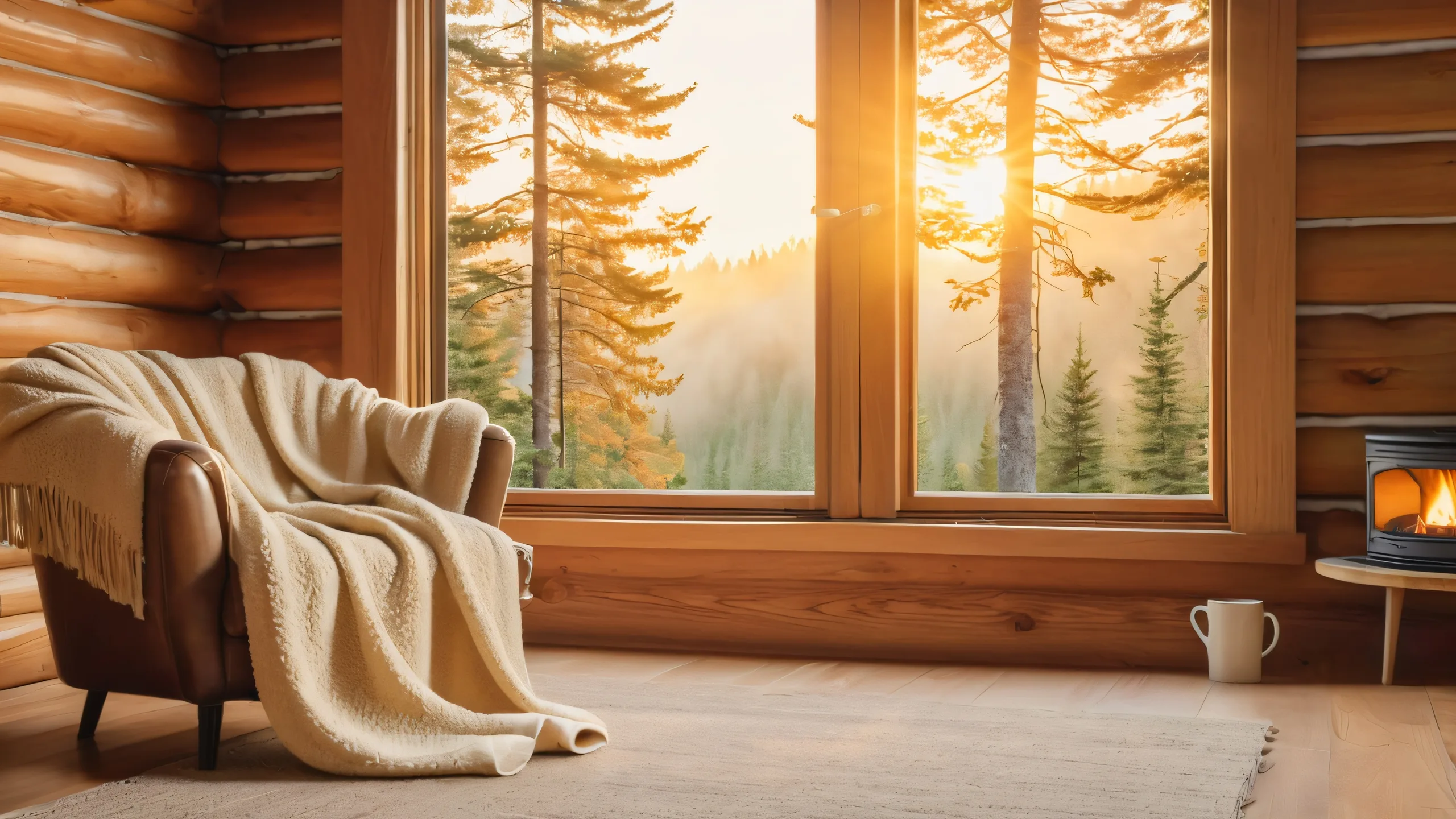 A secluded cabin with a plush armchair, stone fireplace, and surrounding forest at dawn. For Desktop/PC.