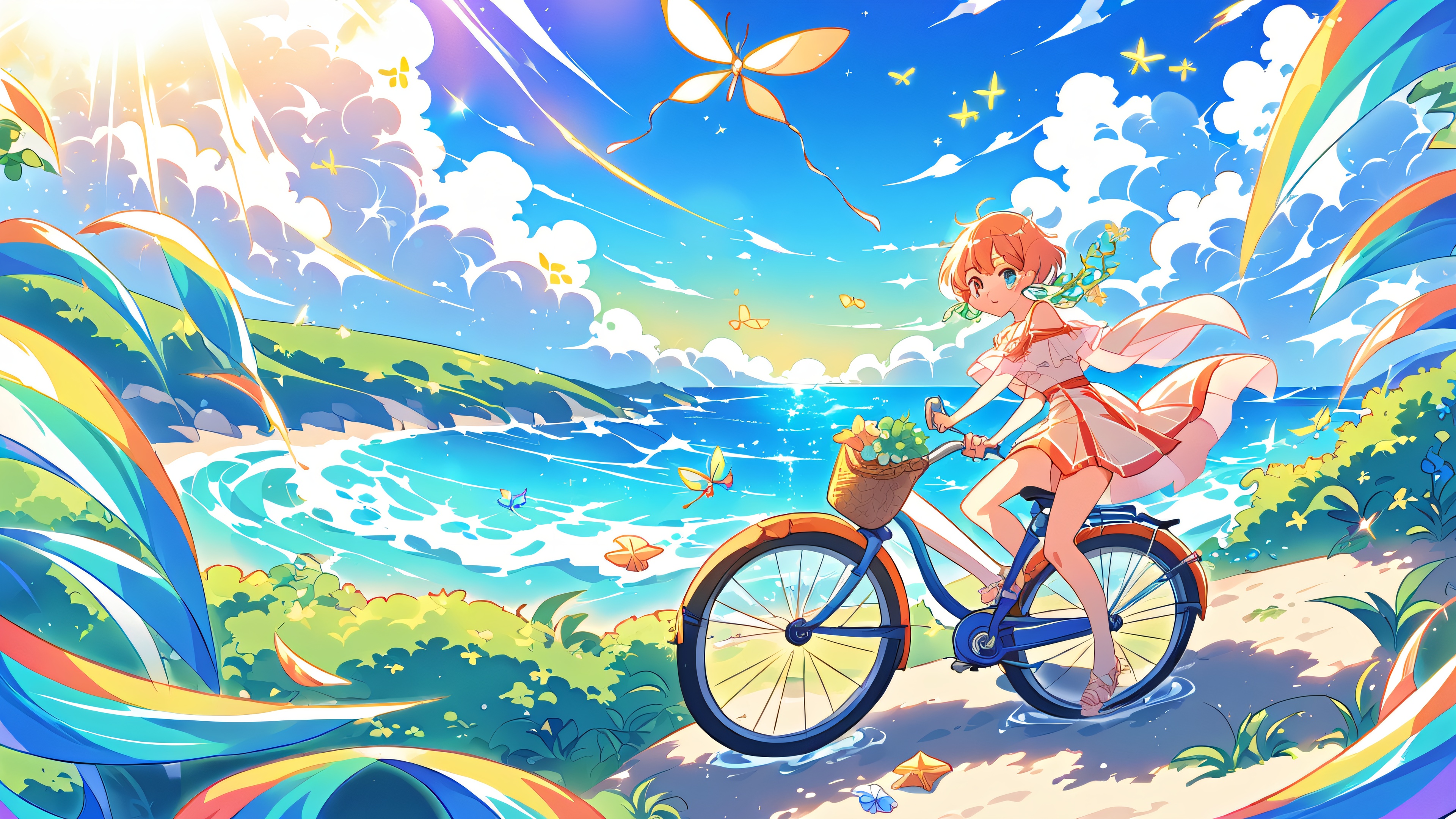 A rusty old bicycle perched on a windswept hill overlooking the Pacific Ocean, adorned with green vines and seashells, with the sun casting a warm glow and tiny dragonflies fluttering nearby.