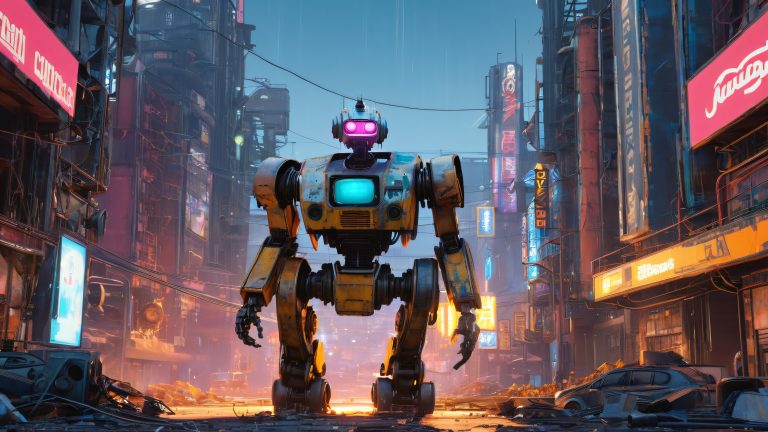 rusty robot in ruins scaled