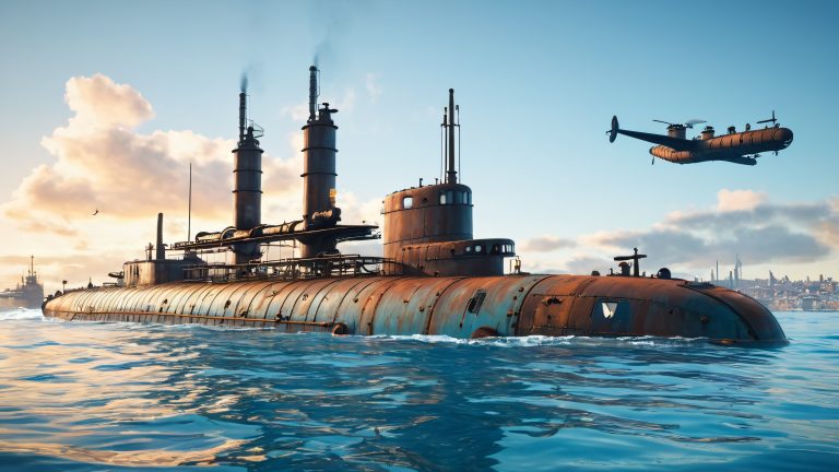 rusty submarine rises from the depths dieselpunk 4k wallpaper scaled