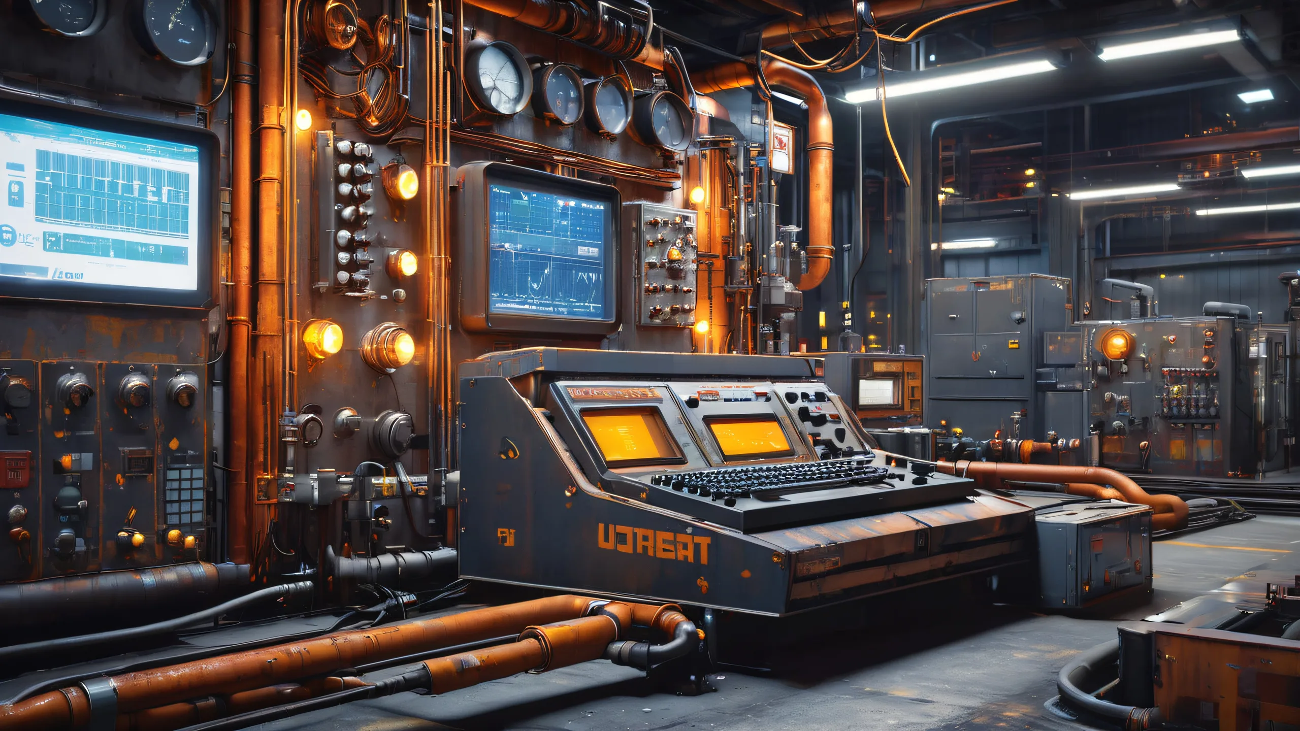 Industrial machinery and tools on a dark metallic background with bright digital displays and warning lights for desktop/pc use.