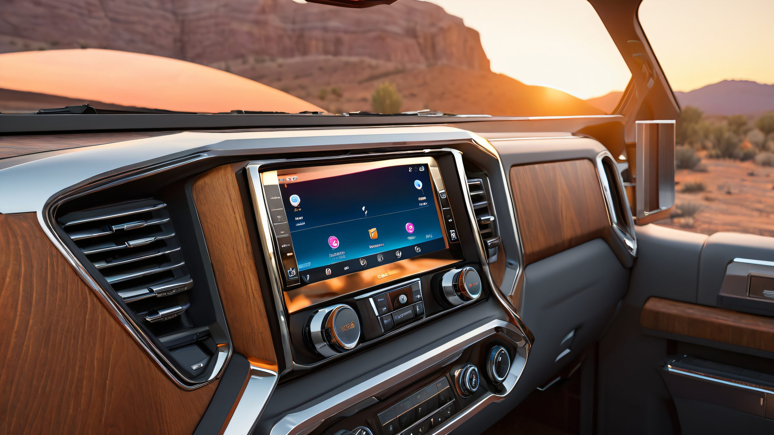 Aesthetic Rusty Tech Oasis Sunset Background Vintage truck bed dashboard with touchscreen display and rugged contours, suitable for desktop/PC