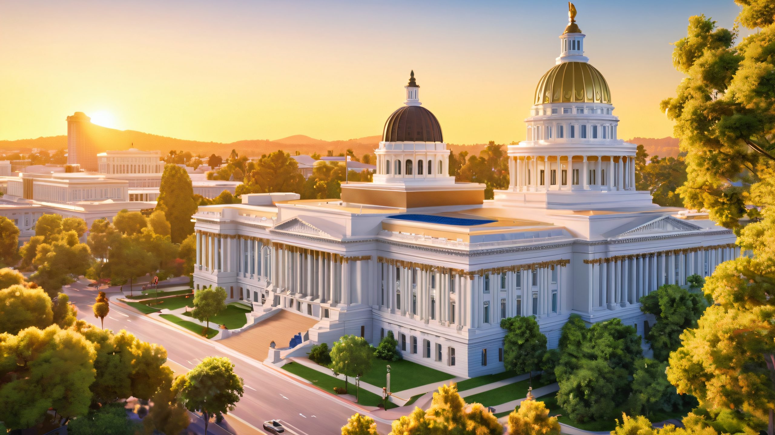 A majestic California State Capitol building surrounded by a vibrant cityscape, perfect for your Desktop/PC