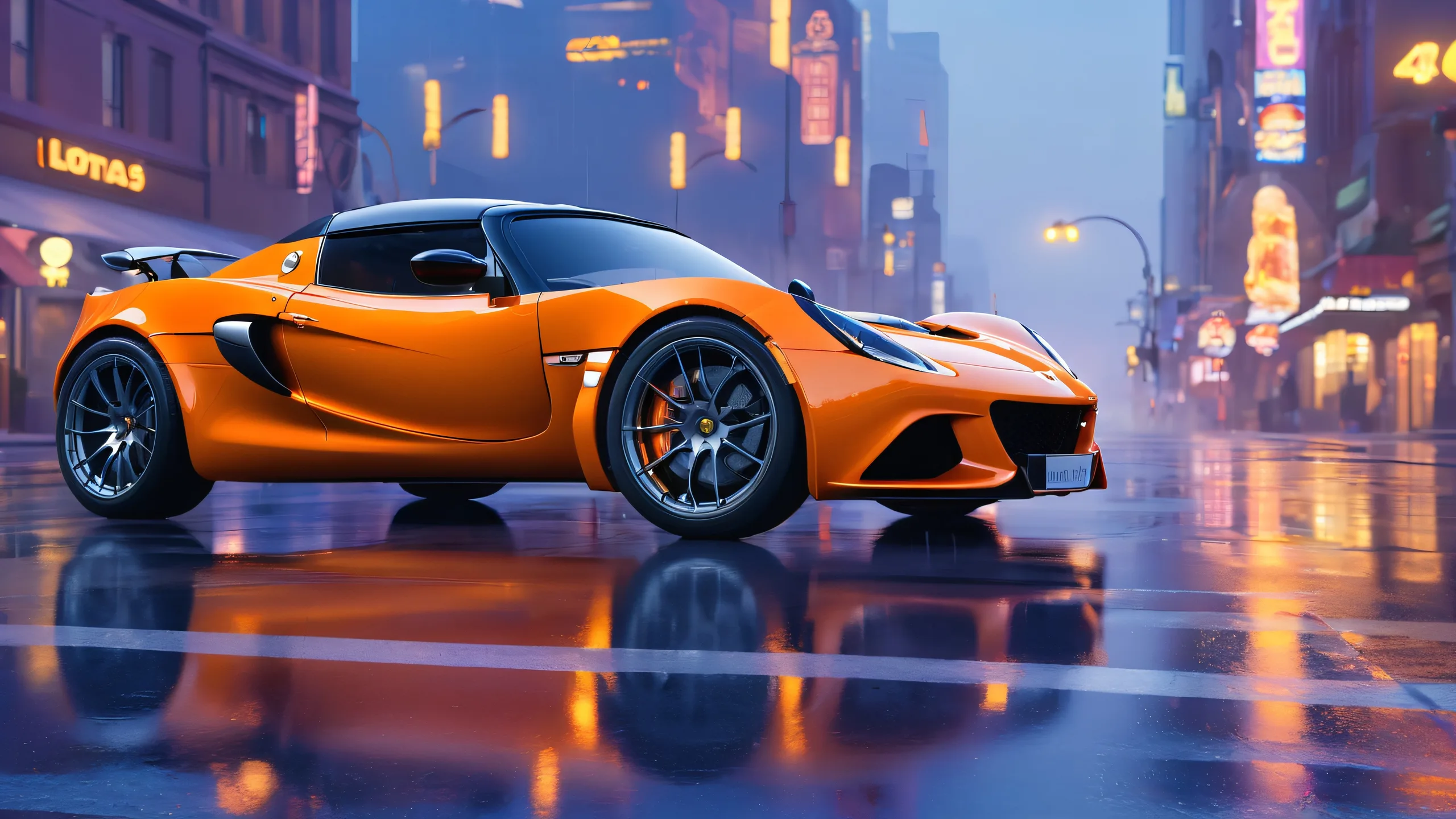 4K Safari-Inspired Speed Demon Desktop Background A high-performance sports car with a bold orange paint job on a dark cityscape at dusk, perfect for your desktop/PC.