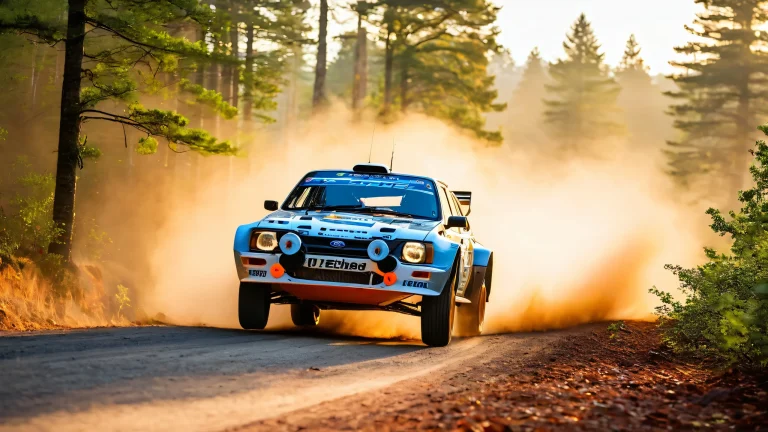 A high-speed Ford Escort RS Cosworth 'Safari' rally car on a misty forest road at sunset, with long shadows and atmospheric lighting, for desktop/PC use.