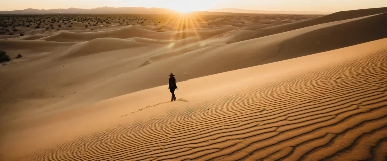 A vintage-style desert landscape with a female explorer and dusty terrain