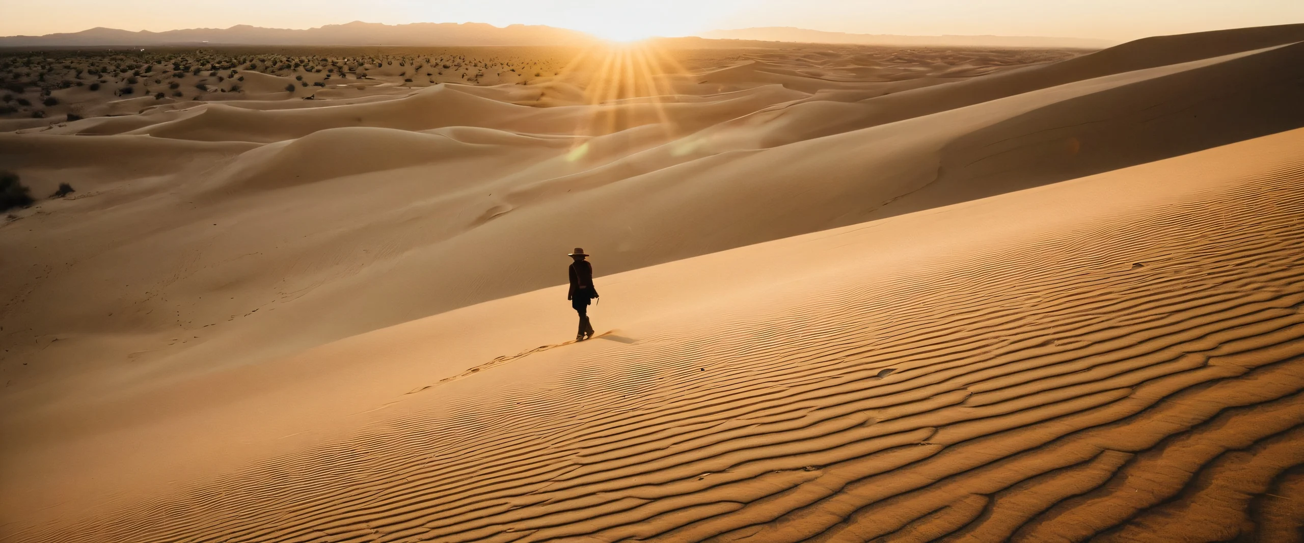 A vintage-style desert landscape with a female explorer and dusty terrain