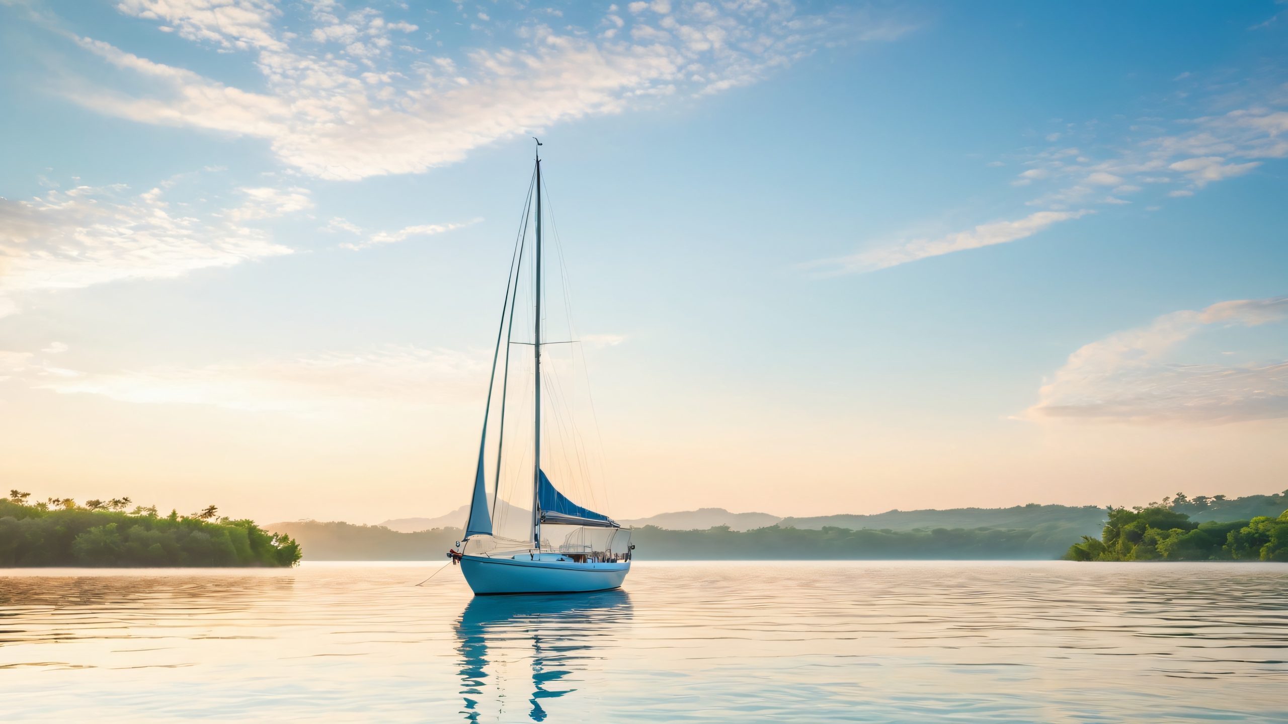 A majestic sailboat glides across a calm lake or sea, surrounded by lush greenery and wispy clouds.