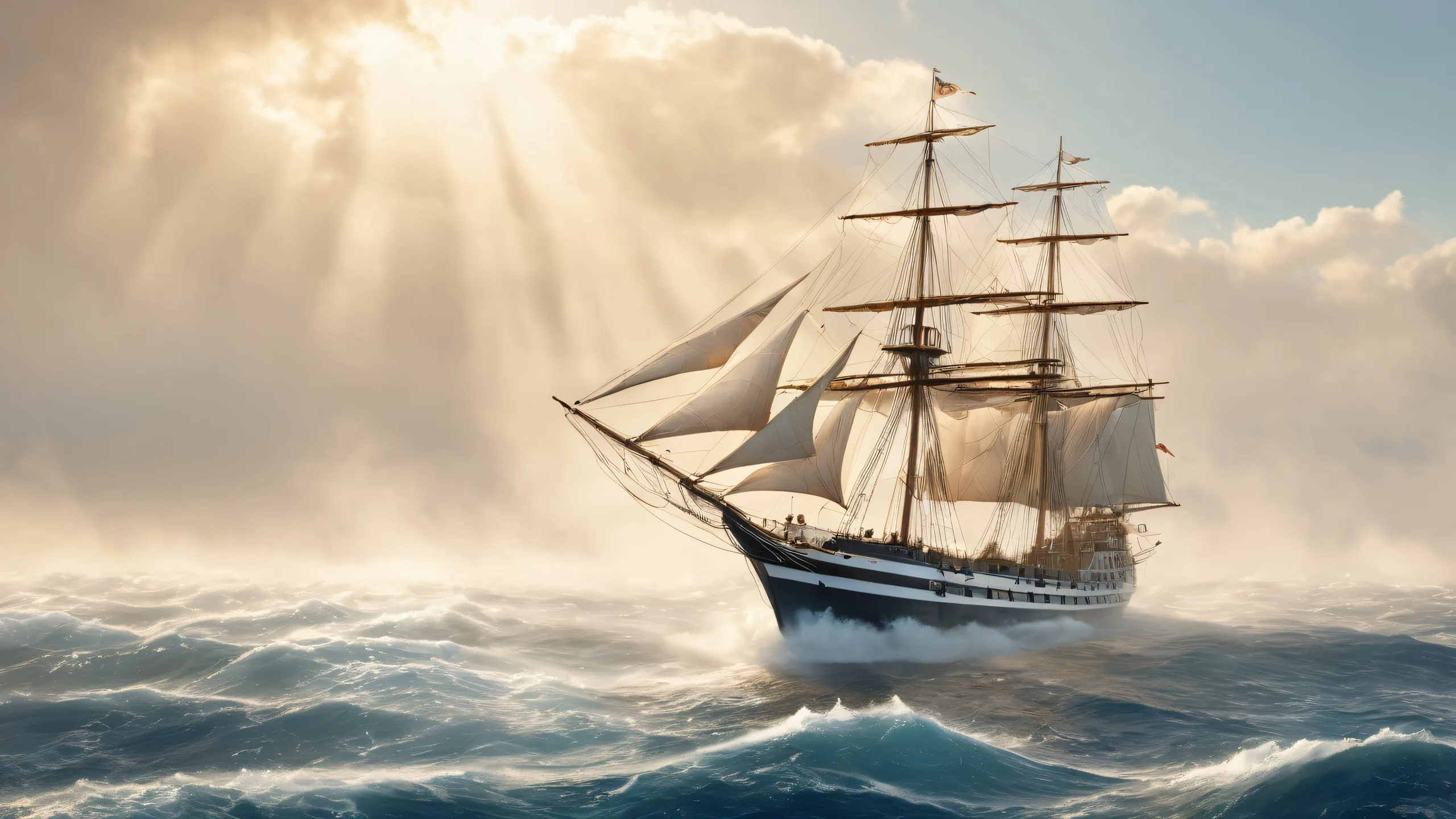 4K Ethereal Seascape Odyssey Desktop Backgroundparfait pour votre ordinateur de bureau/PC Sailor and mermaid standing on a ship at sea, surrounded by misty fog, perfect for your Desktop/PC.