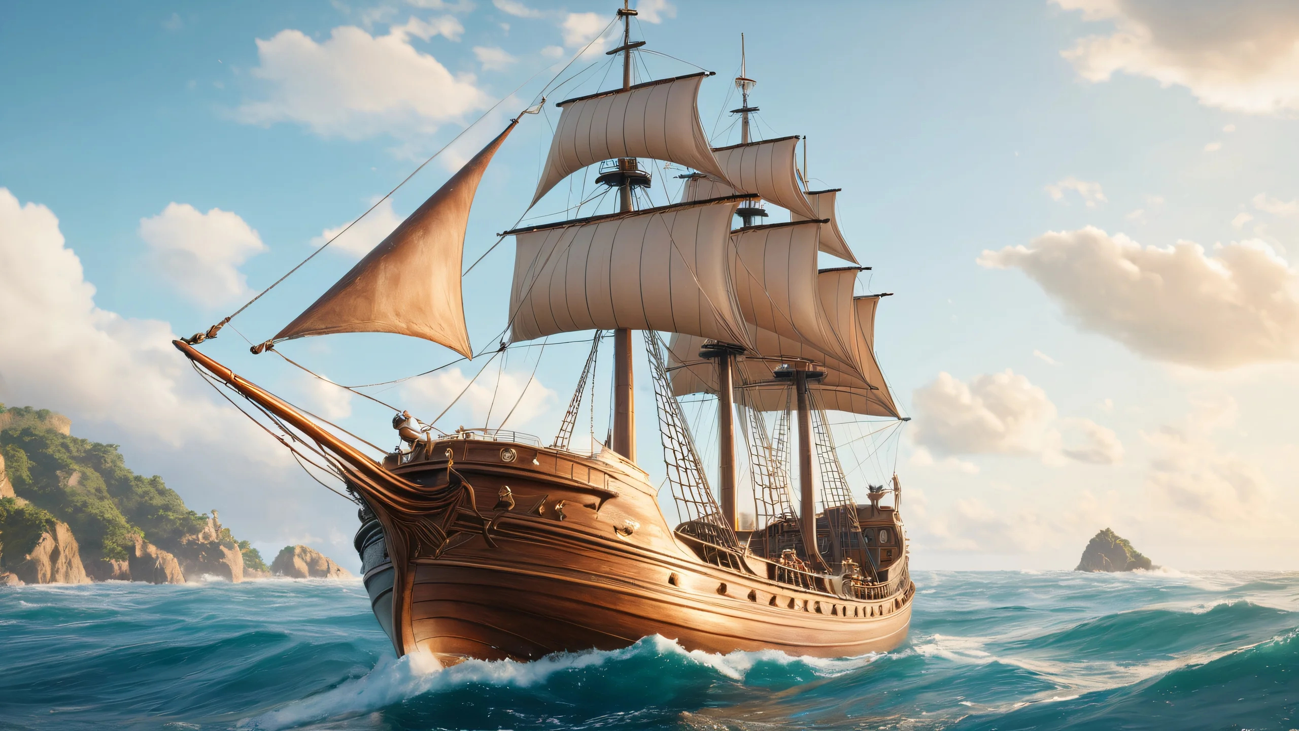 4K Sailor Mermaid Voyage Wallpaper for PC/Mac A realistic illustration of a mermaid sitting on the bow of a ship, with soft brown-neutral tones and highly detailed features.