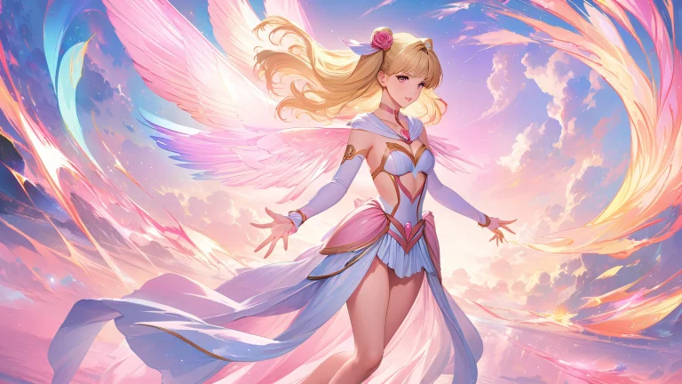 A magical setting featuring Sailor Moon with blonde hair and pink dress, surrounded by a soft glow.