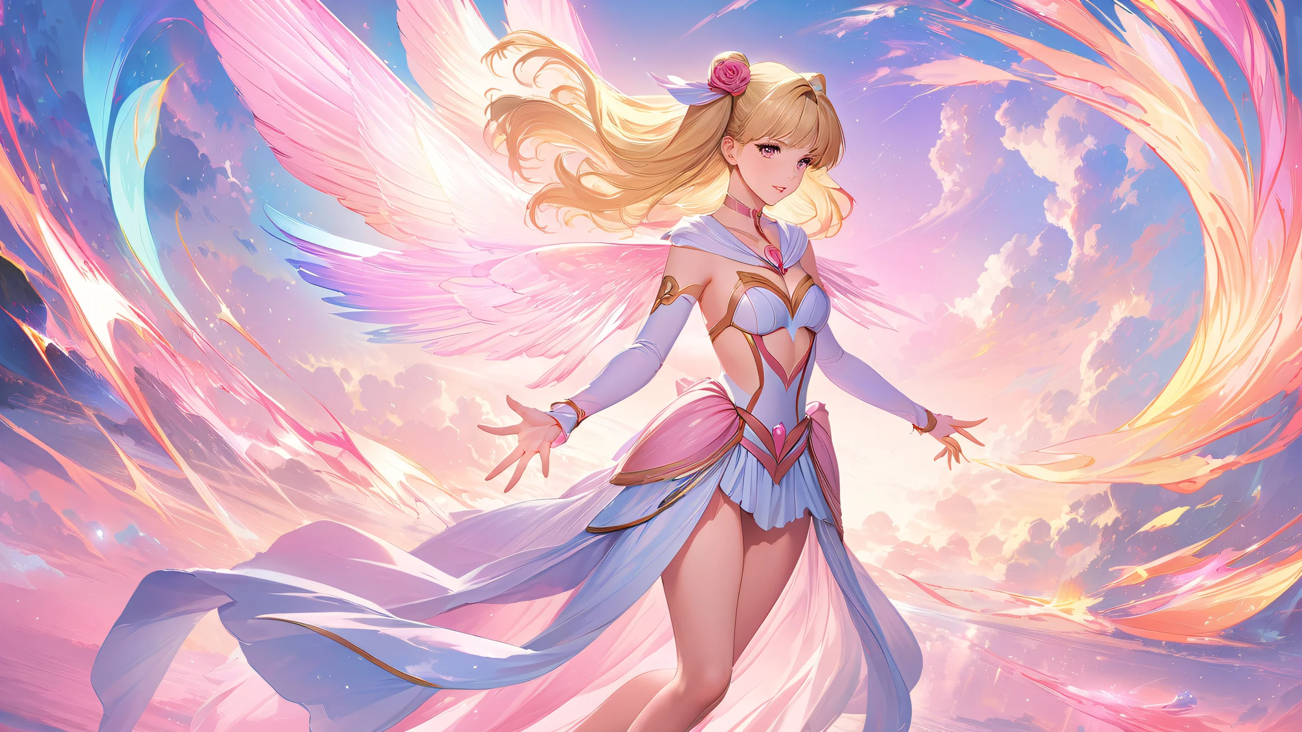 A magical setting featuring Sailor Moon with blonde hair and pink dress, surrounded by a soft glow.