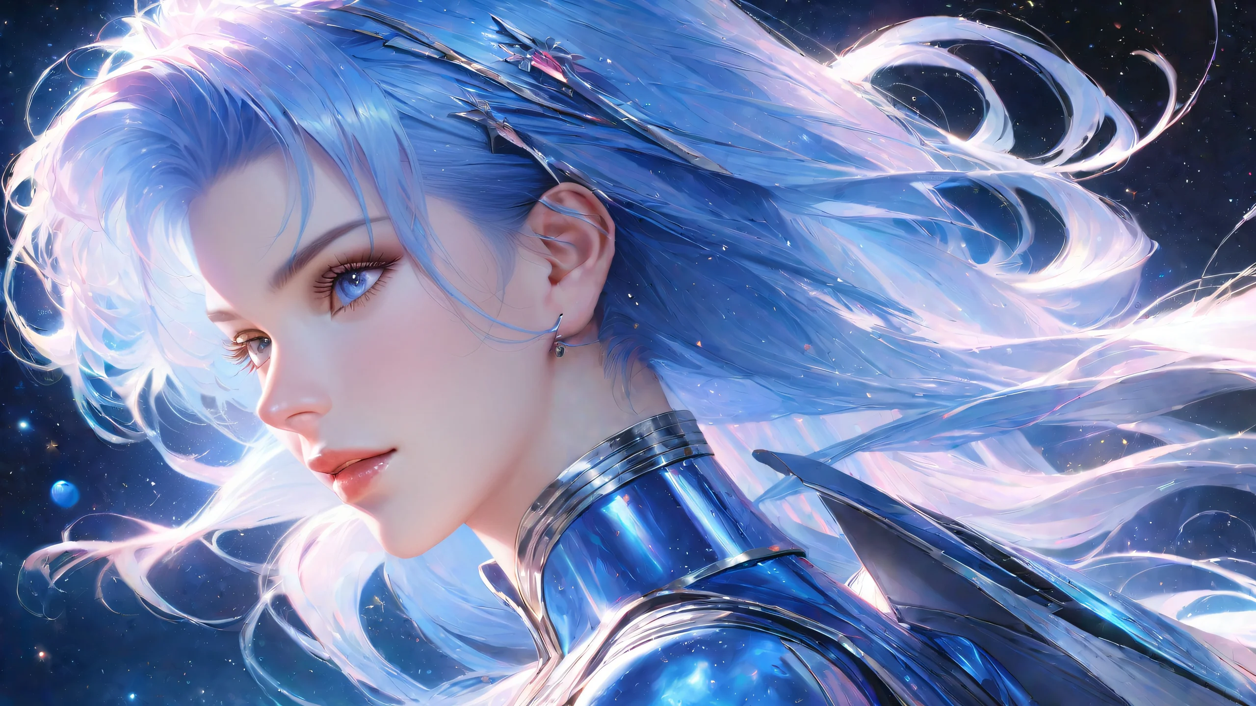 Stellar Sailor Cosmos 4K Desktop Wallpaper A stunning 4K wallpaper featuring Sailormercury surrounded by vibrant stars and celestial bodies in a bright blue ambient space.