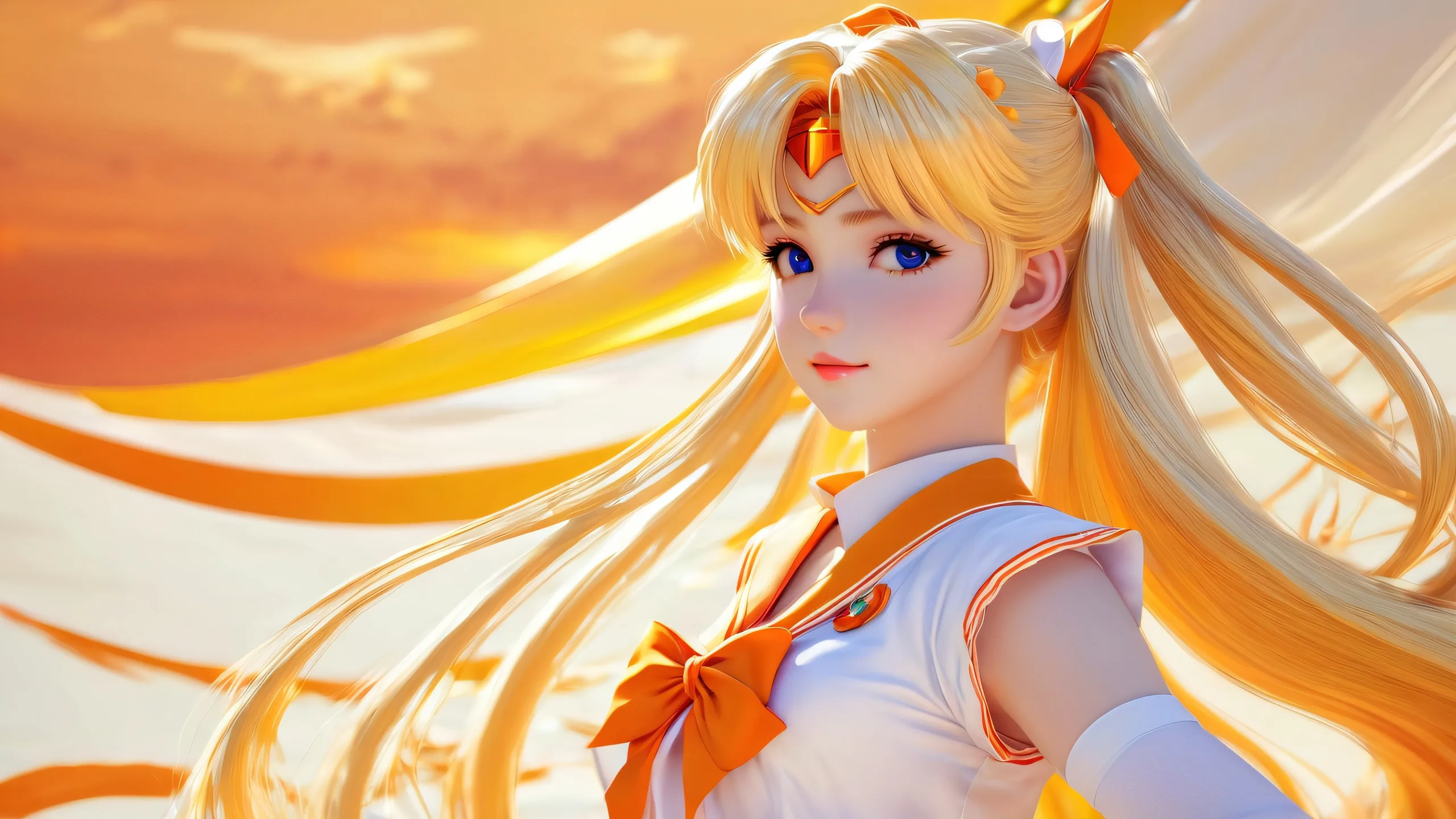 Ethereal Venusian Odyssey Aesthetic PC Wallpaper A beautiful desktop wallpaper of Sailor Venus amidst a vast pure void, suitable for desktop/PC use.
