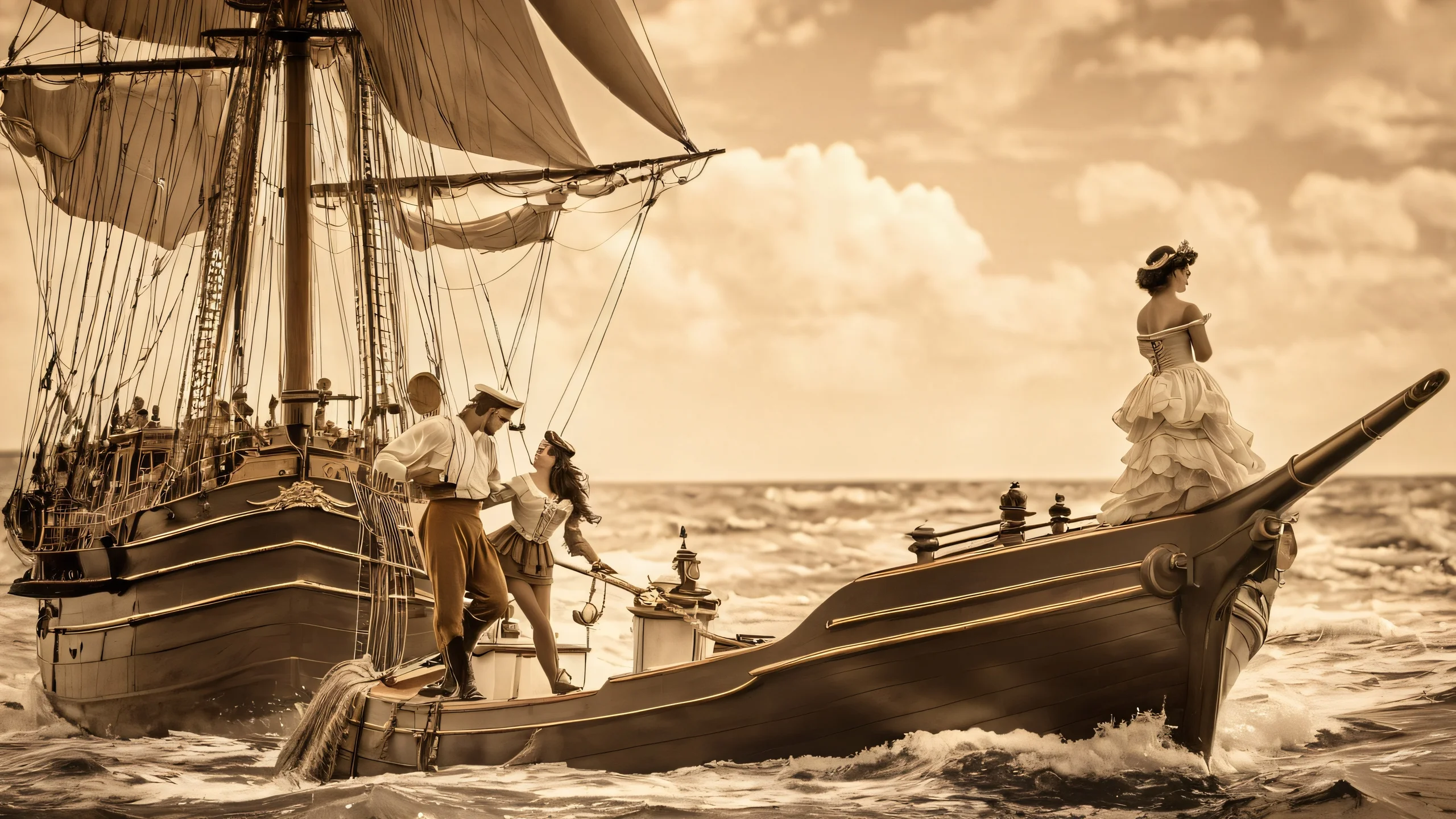 A romantic scene of a sailor and mermaid on a ship deck in a sepia-toned daguerreotype style.