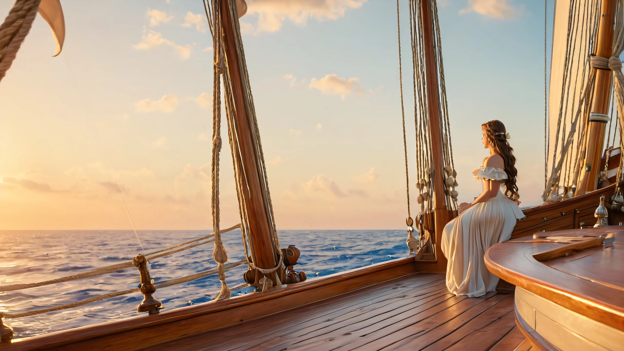 A beautiful illustration of a sailor and mermaid on a ship deck, surrounded by soft natural light and warm earth tones.
