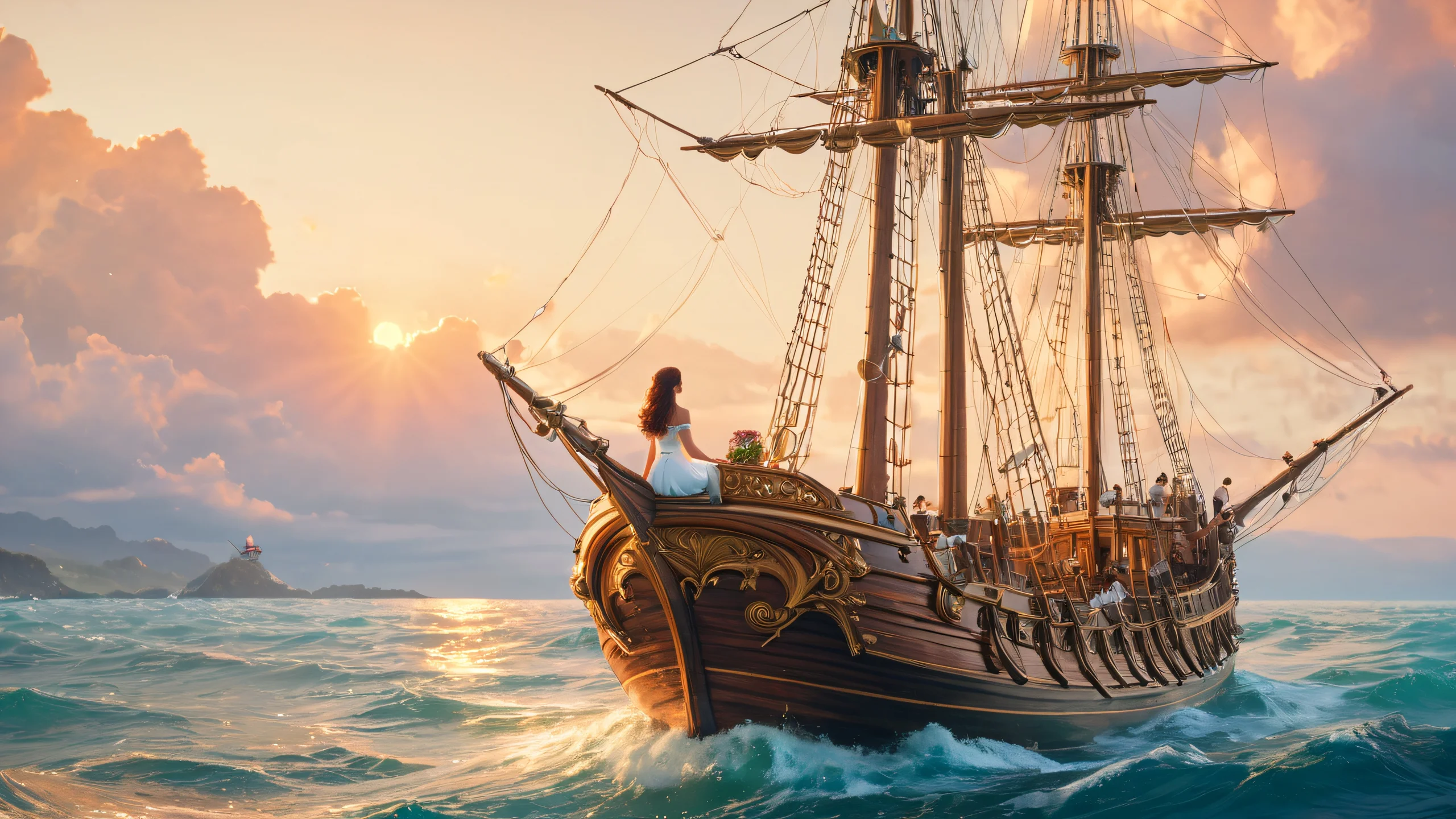 Sailor's Whisper Aesthetic PC Wallpaper A romantic fantasy scene featuring a sailor and mermaid on a ship deck, surrounded by soft natural light and warm earth tones.