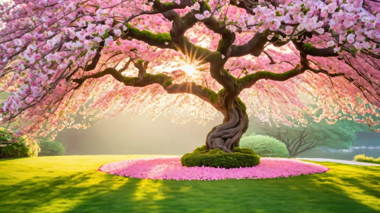 Majestic weeping cherry blossom tree in a serene Japanese garden setting, suitable for desktop/PC