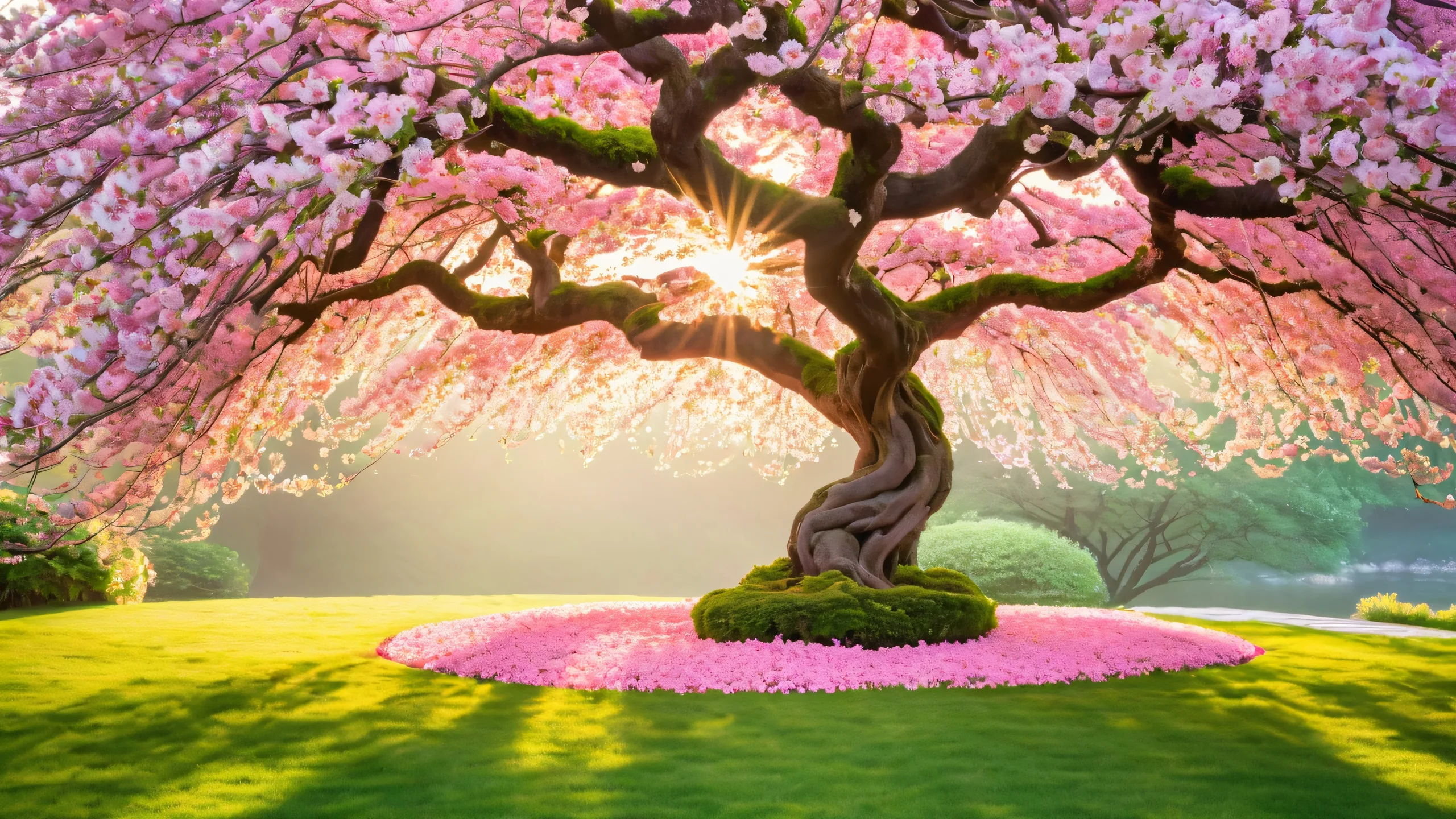 Majestic weeping cherry blossom tree in a serene Japanese garden setting, suitable for desktop/PC