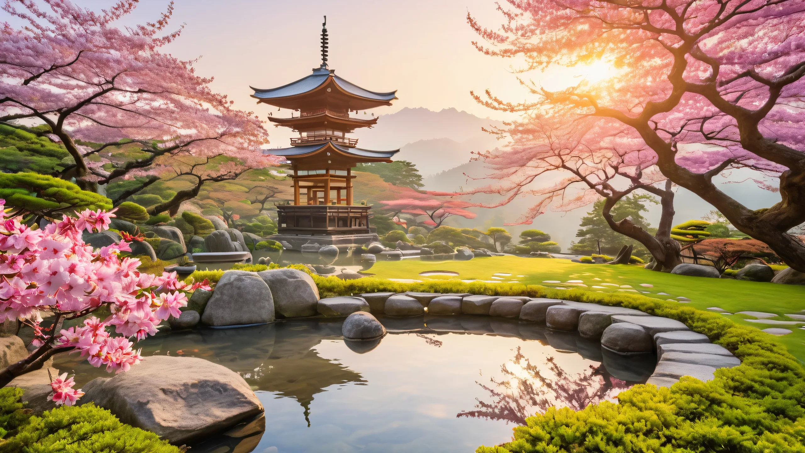 Ultra HD Sakura Sunset Serenity Wallpaperデスクトップ/PCに最適 A serene Japanese garden at sunset with a koi pond, cherry blossoms, wisteria flowers, stone lanterns, and misty fog. Suitable for desktop/PC.