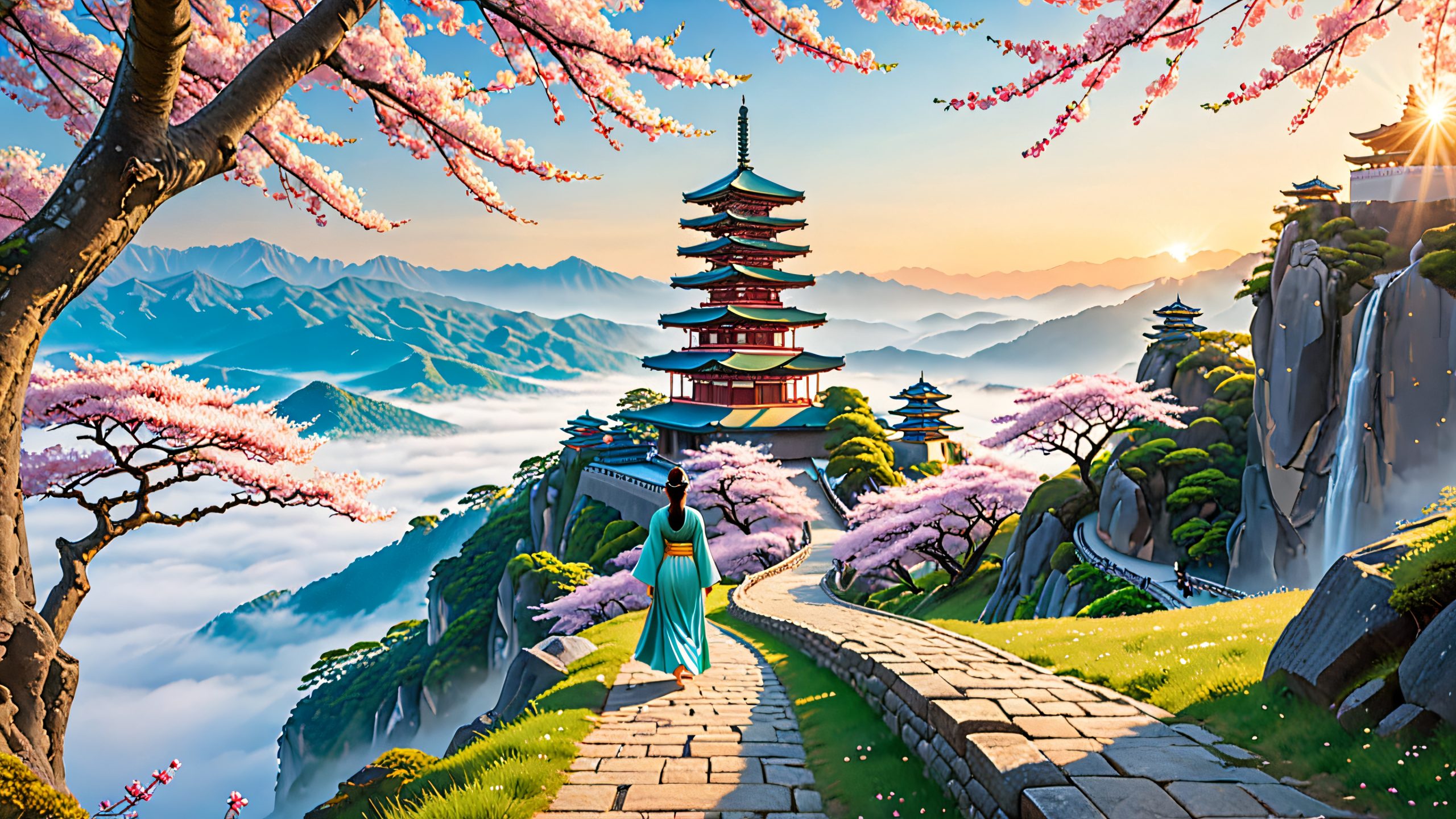 Epic Sakura Temple Dawn 4K Desktop Wallpaper A serene fantasy landscape featuring a young woman walking towards an ancient temple surrounded by sakura trees and floating mountains.