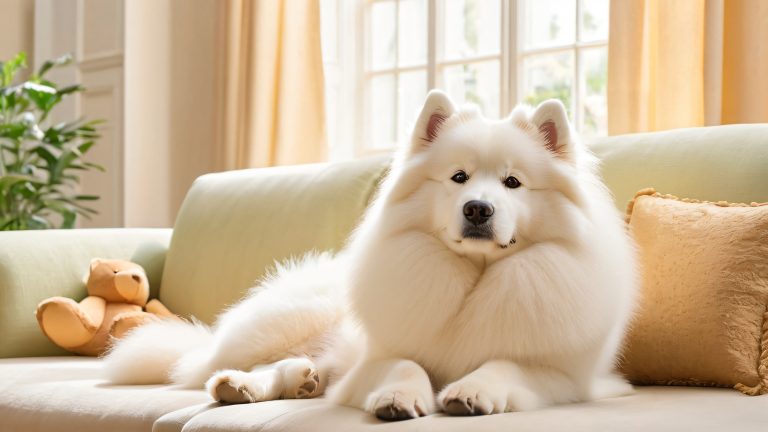 samoyed relaxation wallpaper cozy living room and garden highest quality 4k scaled