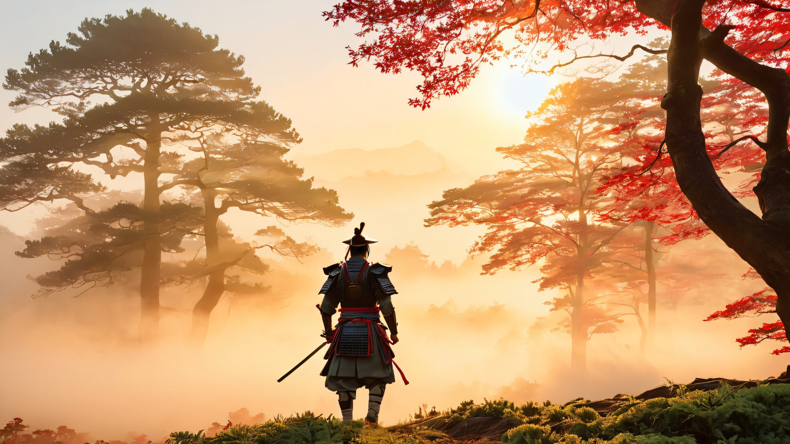 Stunning Samurai at Dawn 4K Wallpaper Majestic samurai warrior surrounded by misty fog in a serene forest clearing