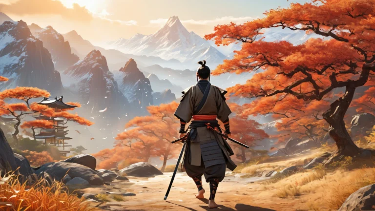 Samurai men standing in a sunlit landscape on a desktop or PC, with warm tones and earthy colors.
