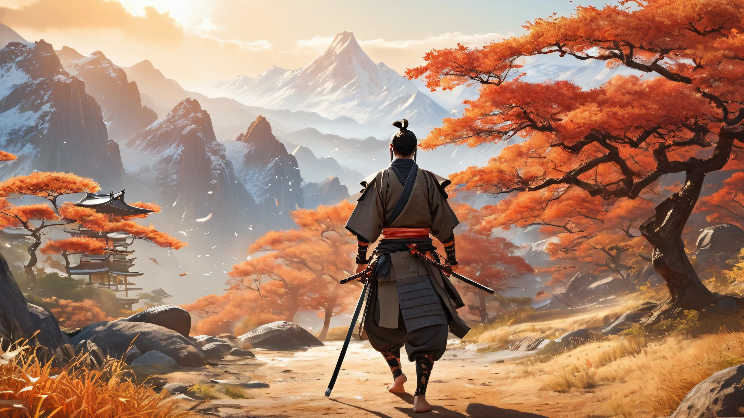 Epic Ethereal Samurai Sunrise Desktop Wallpaper Samurai men standing in a sunlit landscape on a desktop or PC, with warm tones and earthy colors.