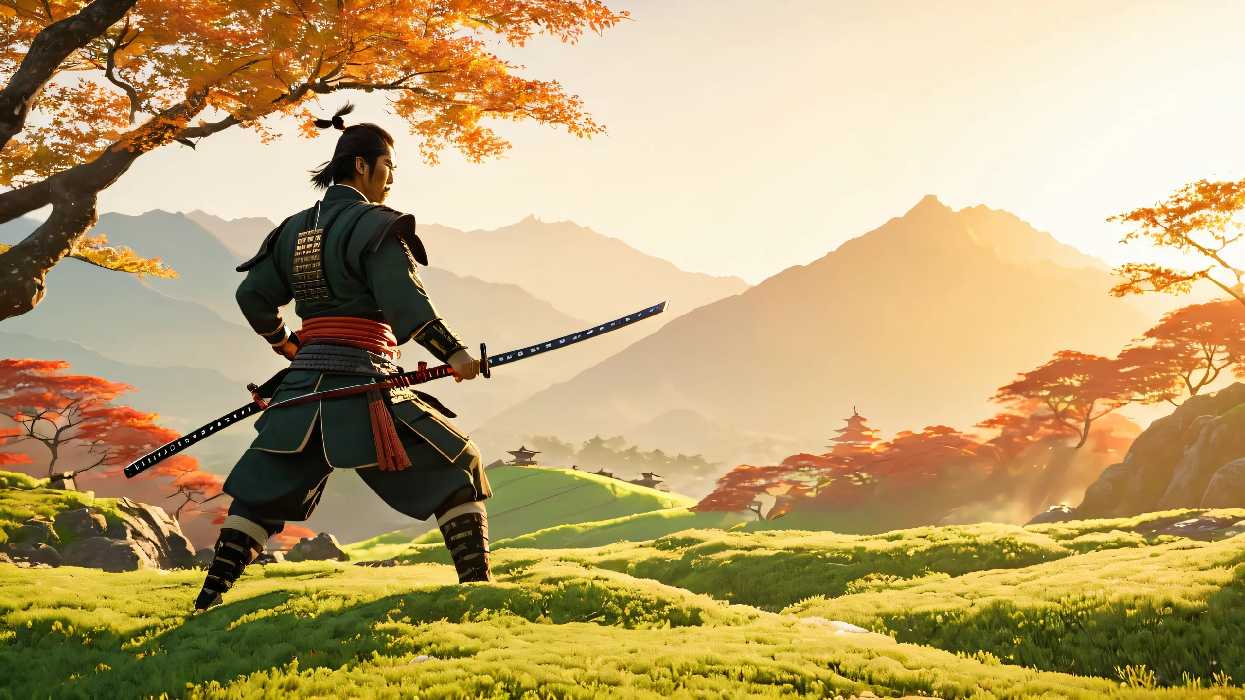 Stunning Samurai Sunset Battleground 4K Wallpaper A samurai stands with sword in a sunlit landscape, surrounded by natural scenery.