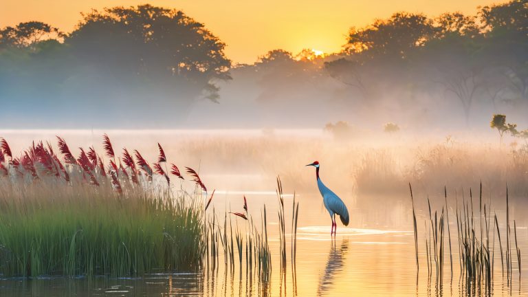 sarus crane wetland morning wallpaper scaled