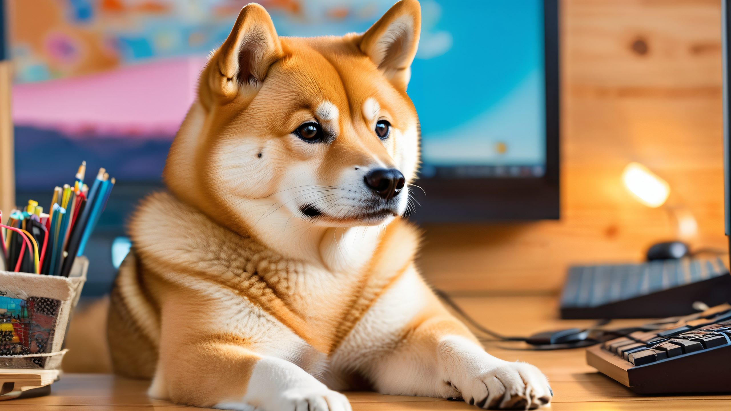 A Shiba Inu sits on a wooden crate amidst scattered memes and computer components, judging the absurdity of the internet on a desktop/pc.