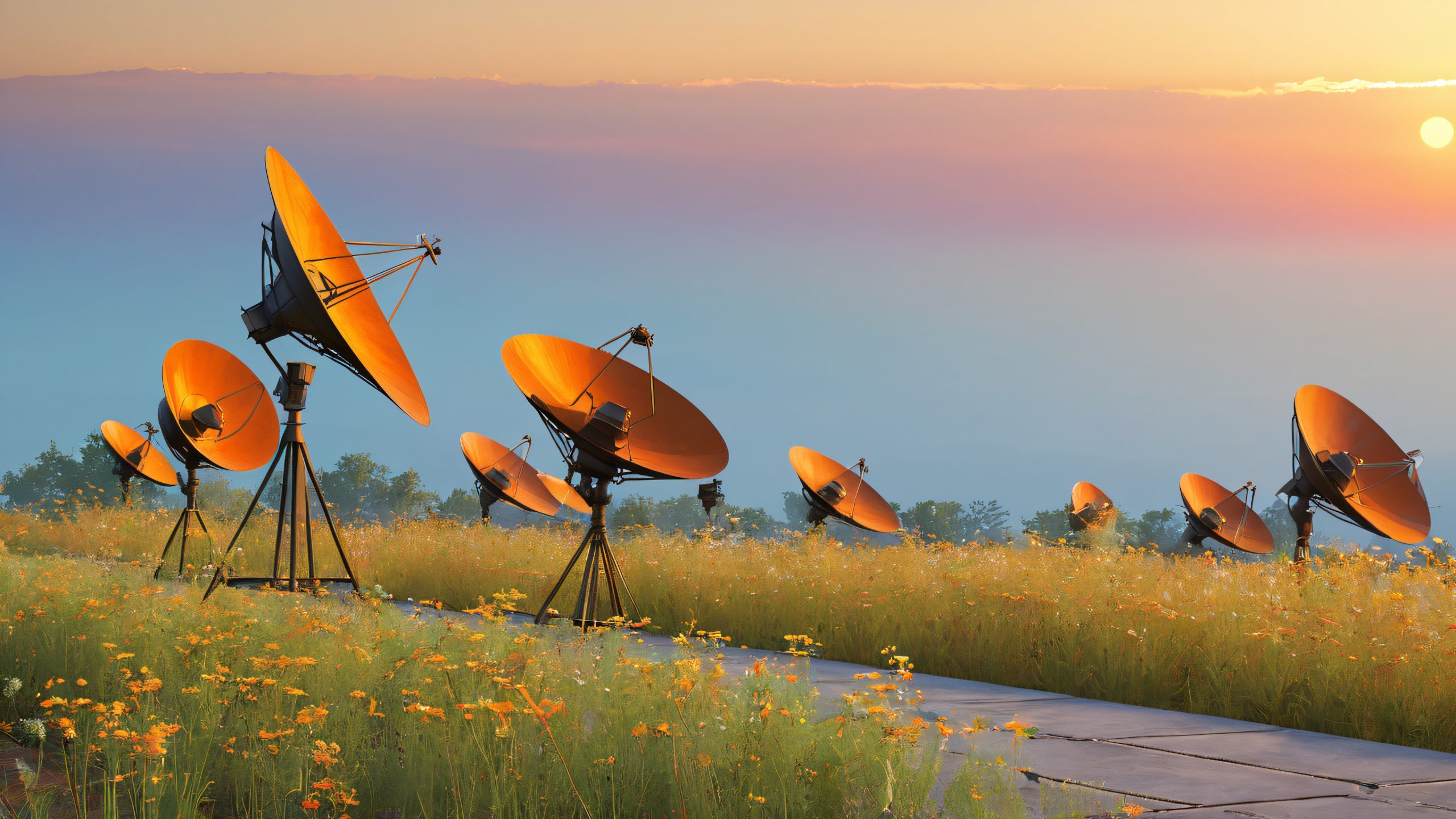 A row of modern satellite dishes on a weathered concrete platform, gleaming in the fading light of day.