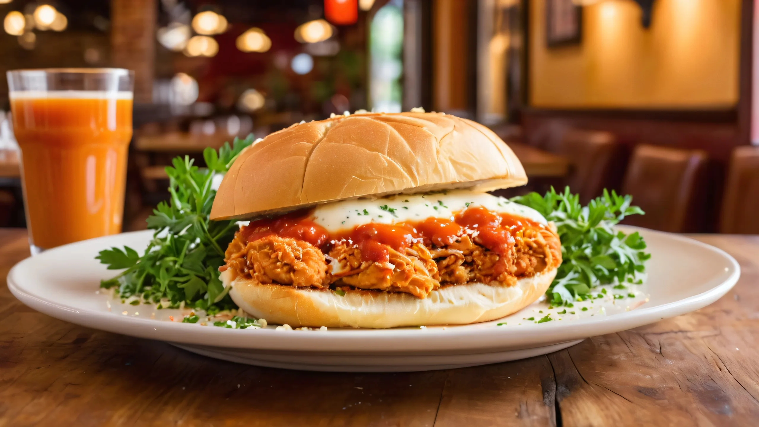 Satisfied Moment at Bistro Bliss 4K Desktop Wallpaper A satisfied diner enjoying a crispy-crust chicken parmesan sandwich in a cozy cafe setting with rustic-chic decor and golden lighting.