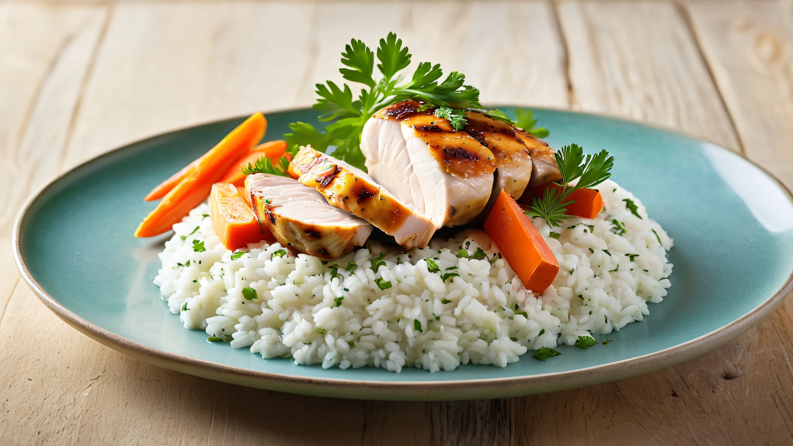 Epic Savory Chicken Kitchen Scene 4K Desktop Wallpaper A delightful culinary desktop wallpaper featuring juicy chicken breast served with creamy tzatziki sauce, pickled carrots and onions, and fresh parsley on a warm kitchen background with soft wooden cabinets and marble countertops.