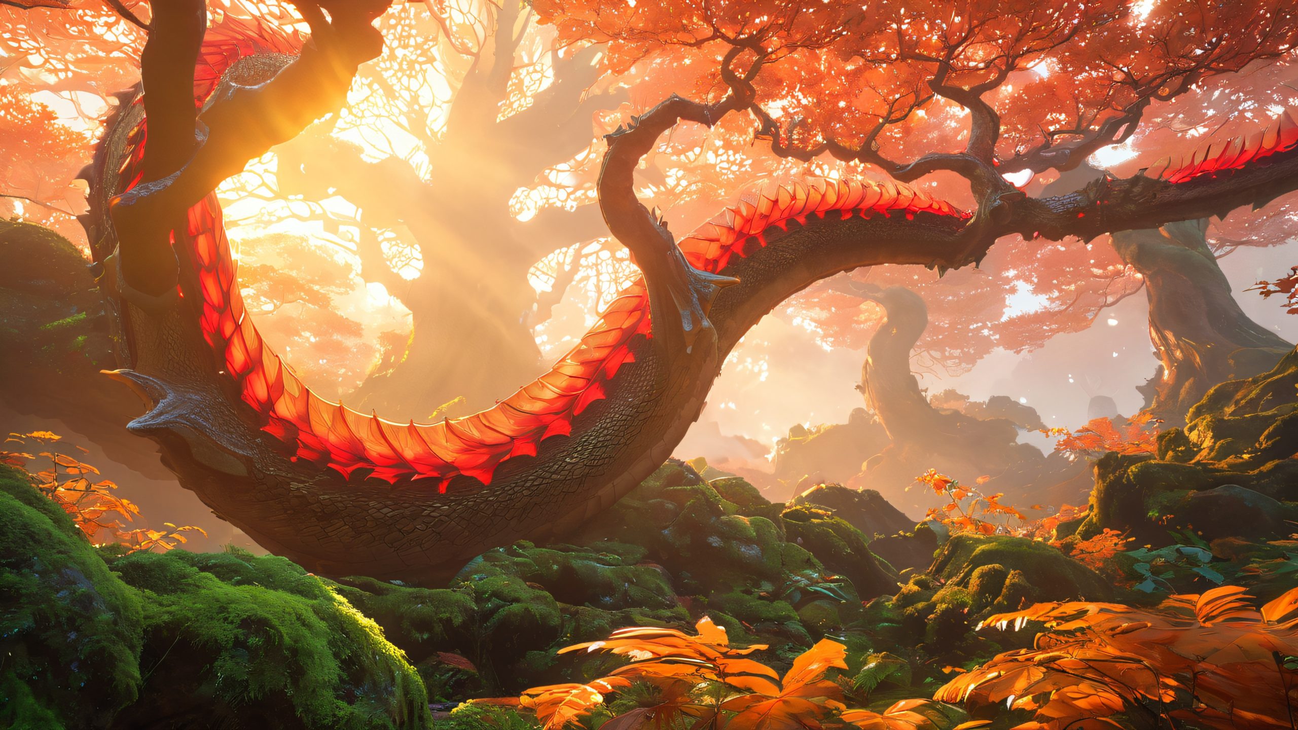 Scarlet Wyrm's Golden Domain 4K UHD Widescreen Majestic dragon emerges from mystical forest on desktop/pc with fiery gaze and warm lighting