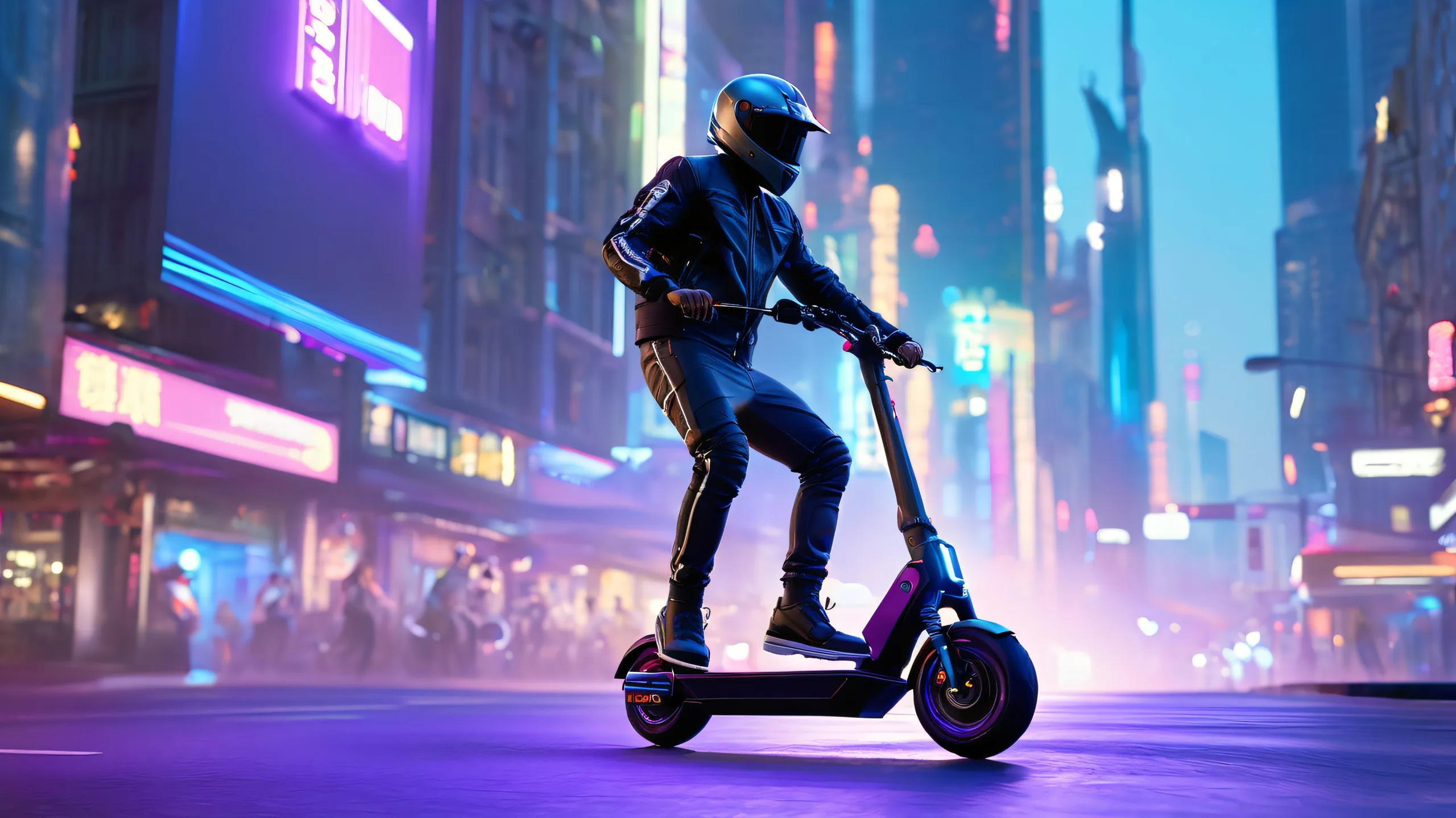 A high-tech kick scooter in mid-air on a darkened city street at night with towering skyscrapers and bright city lights, suitable for desktop/pc use.