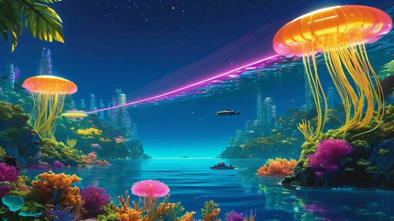 seapunk 4k wallpaper neon submarine underwater cityscape scaled