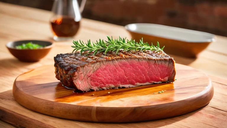 Succulent slice of seared Wagyu beef on a rustic wooden board with fresh thyme and demiglace, perfect for your desktop/pc.